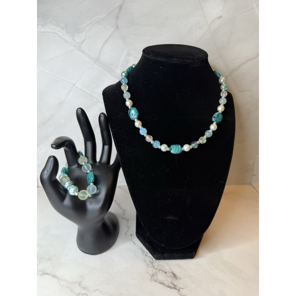 Jewelry set‎ necklace and bracelet blue, pearl with seaglass like beads handmade